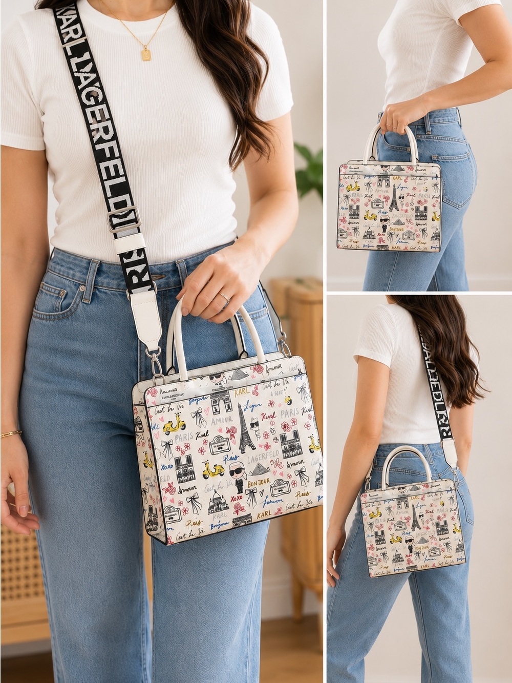 Karl Lagerfeld White Paris Print Crossbody Satchel with Black Logo Strap
